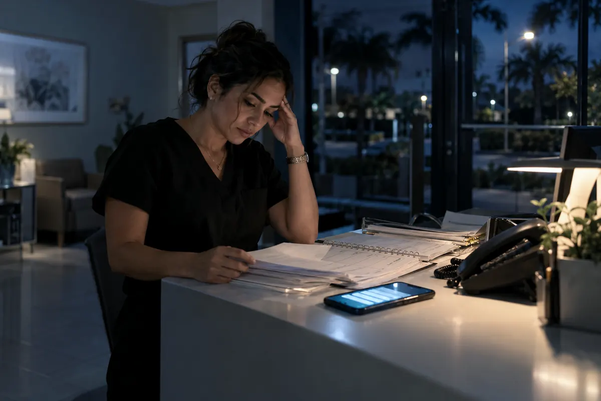 Tired business owner at the front desk after hours
